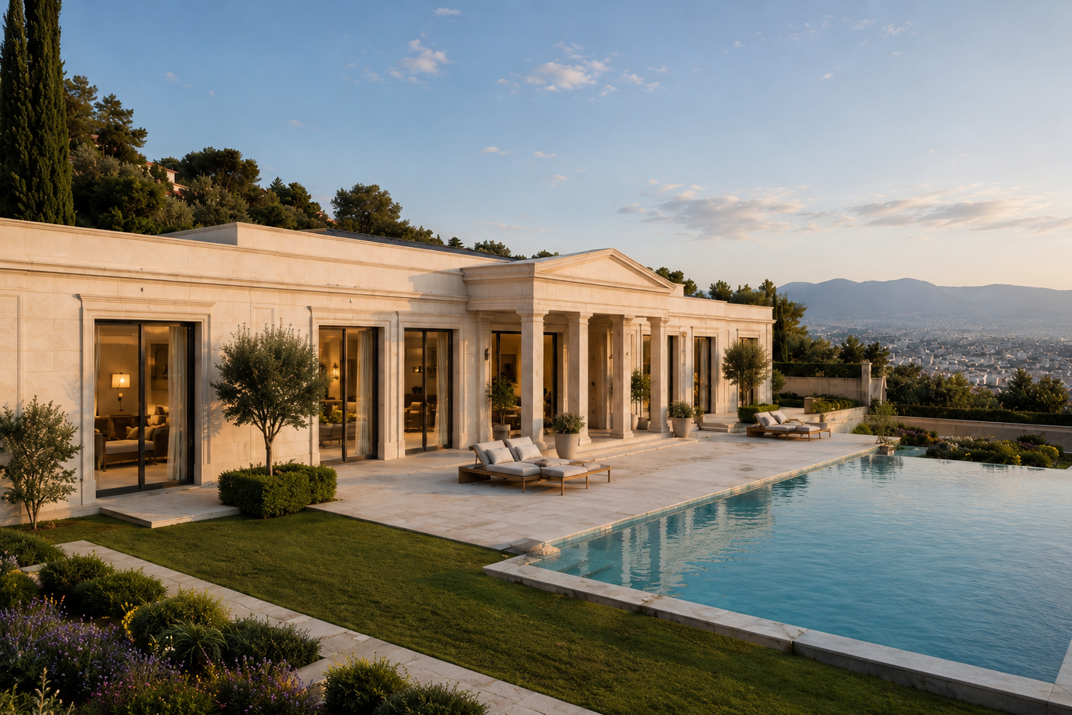 OMEGA GROUP villa — limestone colonnade and infinity pool at dusk